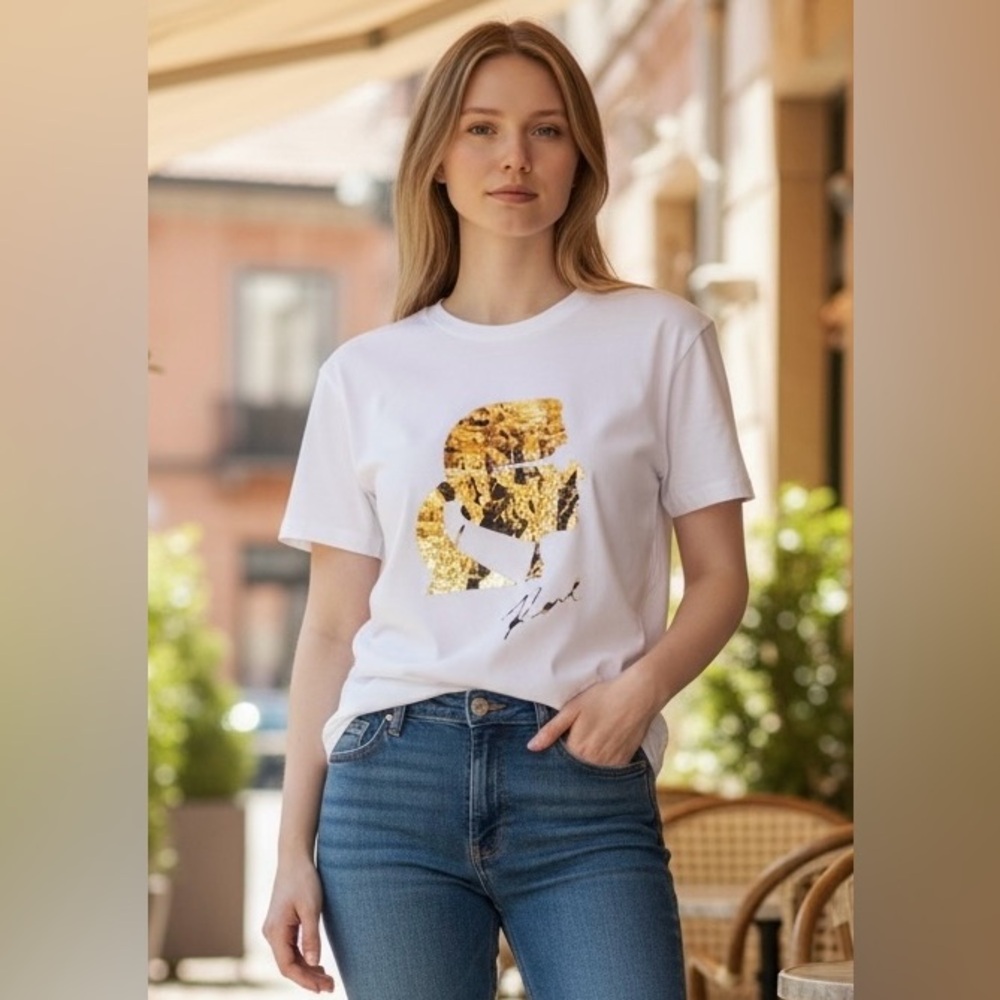 Karl Lagerfeld Paris Gold Foil Karl Silhouette Graphic Tee in White – Size Large